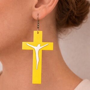 Yellow Cross Earrings with Silver Accent Faith Statement Dangle Earrings
